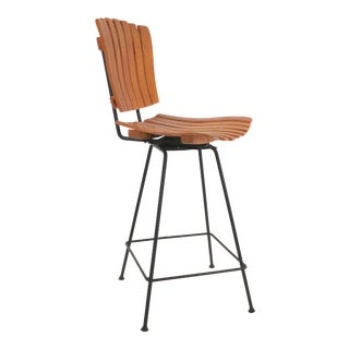 Arthur Umanoff Swivel Stool on Wrought Iron Base With Solid Wood Slat Seat and Back For Sale