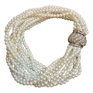 3.1 Mm Akoya Japanies Pearl Multi Strand Bracelet, 14kwg Diamond Clasp, 8 Inch For Sale