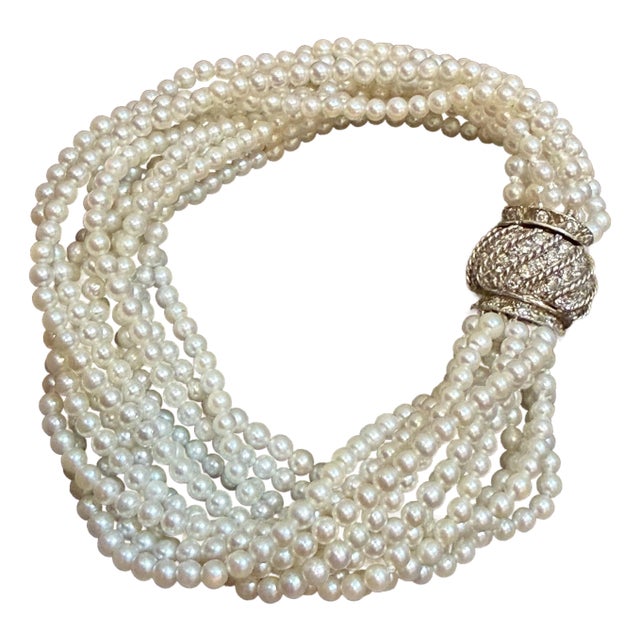 3.1 Mm Akoya Japanies Pearl Multi Strand Bracelet, 14kwg Diamond Clasp, 8 Inch For Sale