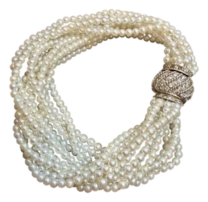 3.1 Mm Akoya Japanies Pearl Multi Strand Bracelet, 14kwg Diamond Clasp, 8 Inch