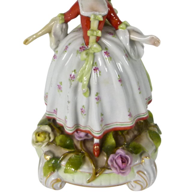 Antique Von Schierholz German Porcelain Courtly Lady Figural Candlestick With Applied Roses and Leaves . Dresden Style For Sale - Image 10 of 16