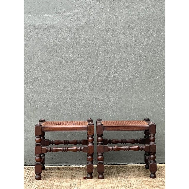 Vintage Turned Wood Low Stools With Caning For Sale - Image 4 of 12