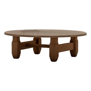 Brutalist Round Coffee Table in Travertine and Oak, 1960s For Sale