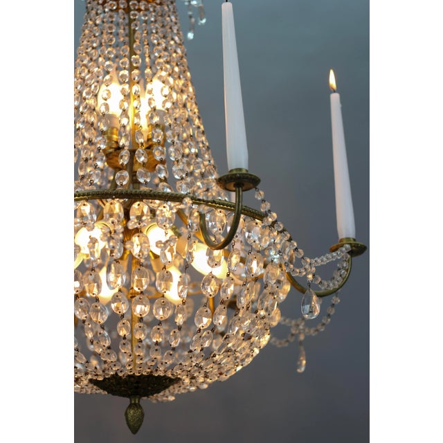 French Louis XVI Style Brass and Crystal Basket 9-Light Chandelier For Sale - Image 10 of 18