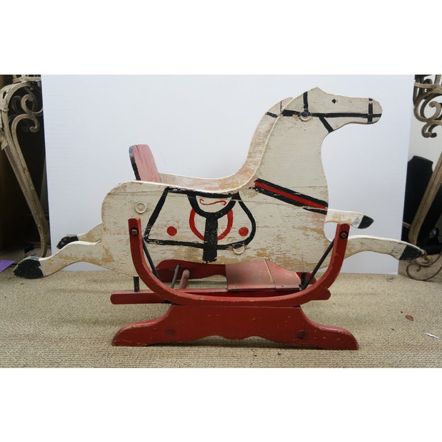 Antique Wooden Double Horse Shoo Fly Rocking Horse Childrens Glider 39" For Sale - Image 14 of 17
