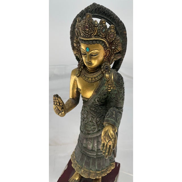 19th Century Antique Tibétan School Jeweled Bronze Figure of a Dipankara Buddha For Sale - Image 5 of 12