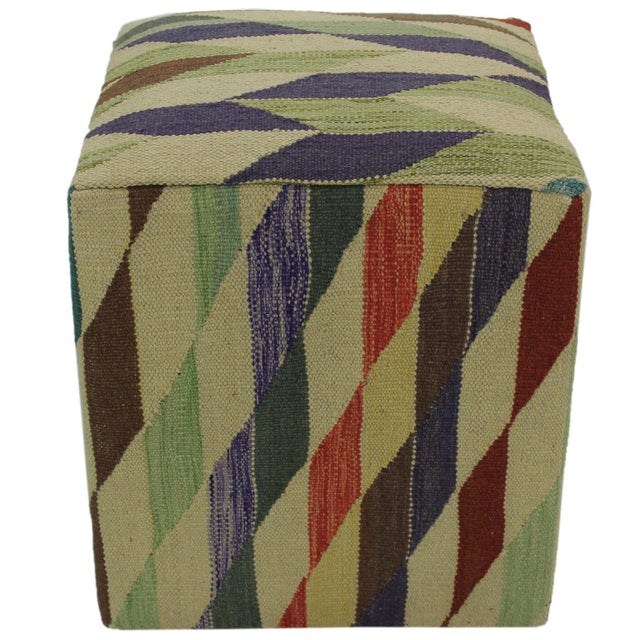 Wood Shabby Chic Ivory/Red Handmade Kilim Upholstered Ottoman For Sale - Image 7 of 9