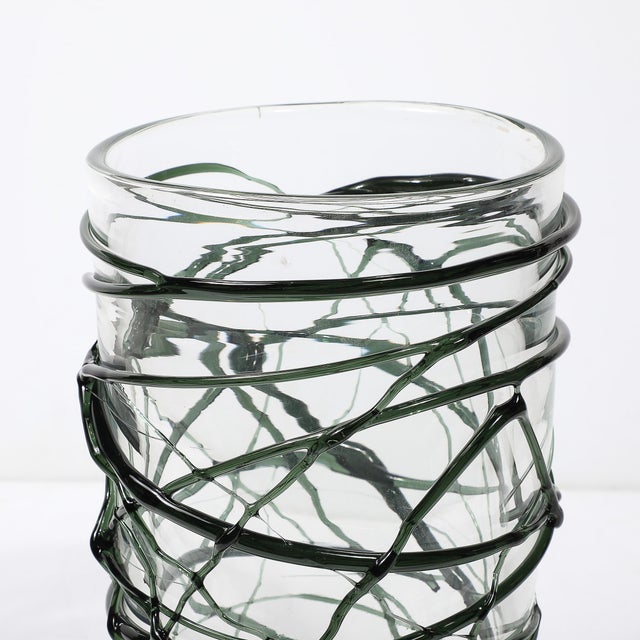 Green Hand-Blown Murano Glass Vases With Organic Viridian Green Sculptural Striations For Sale - Image 8 of 12