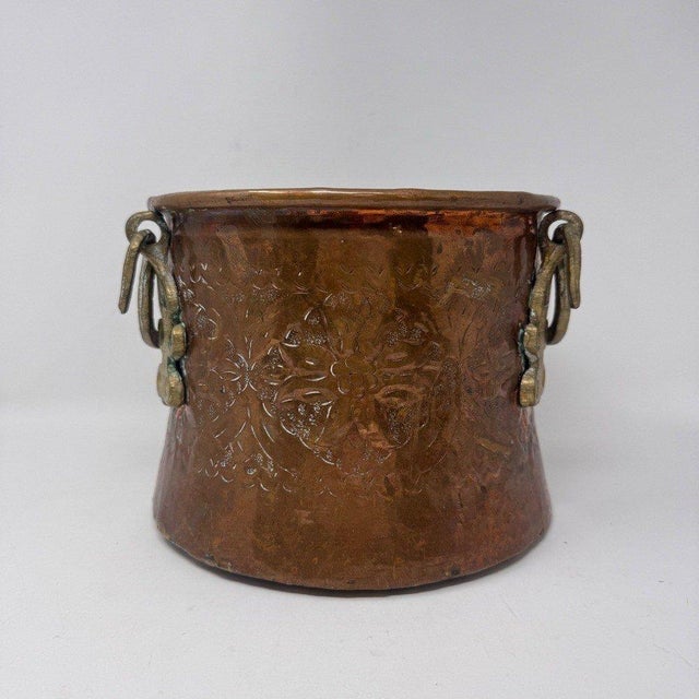 Antique Embossed Copper Cachepot Jardinière With Brass Serpent Handles For Sale - Image 4 of 14