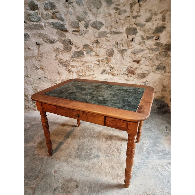 French Oak and Walnut Dining Table with Marble Top For Sale - Image 10 of 18