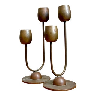 Vintage Brass Modernist Candlesticks - A Pair For Sale