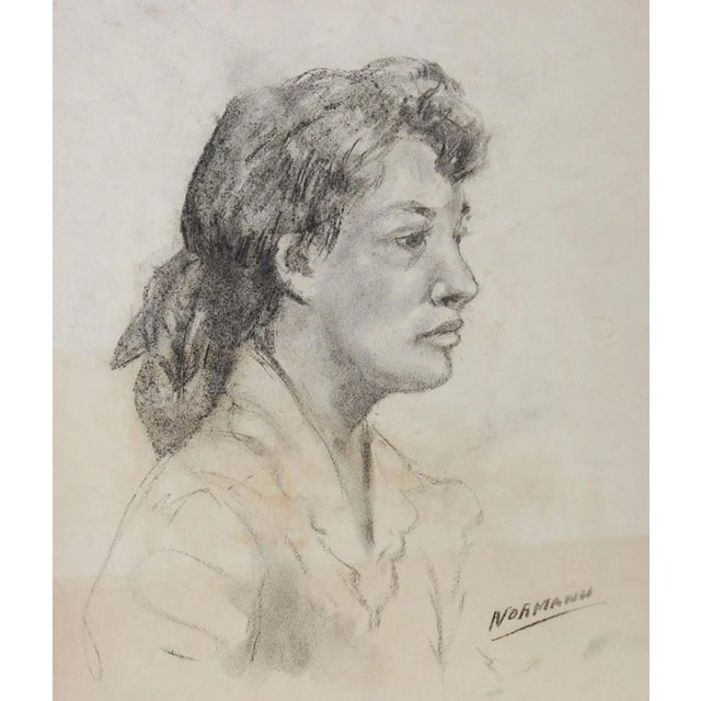 Vintage Mid Century Charles Normann Charcoal Portrait Drawing of Woman For Sale