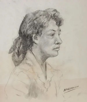 Vintage Mid Century Charles Normann Charcoal Portrait Drawing of Woman