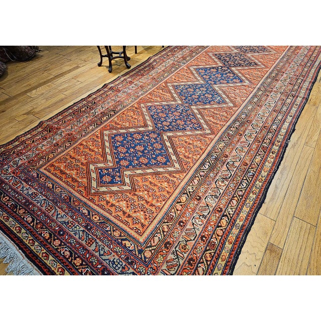 1900 - 1909 Vintage Persian Malayer Gallery Rug, Hand-Knotted Wool, Geometric Pattern, 7x17, Blue & Brick Red For Sale - Image 5 of 15
