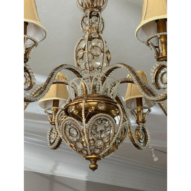 Metal Vintage 1960s Regency Six Arm Chandelier With Gilt Iron and Crystal Beads For Sale - Image 7 of 13
