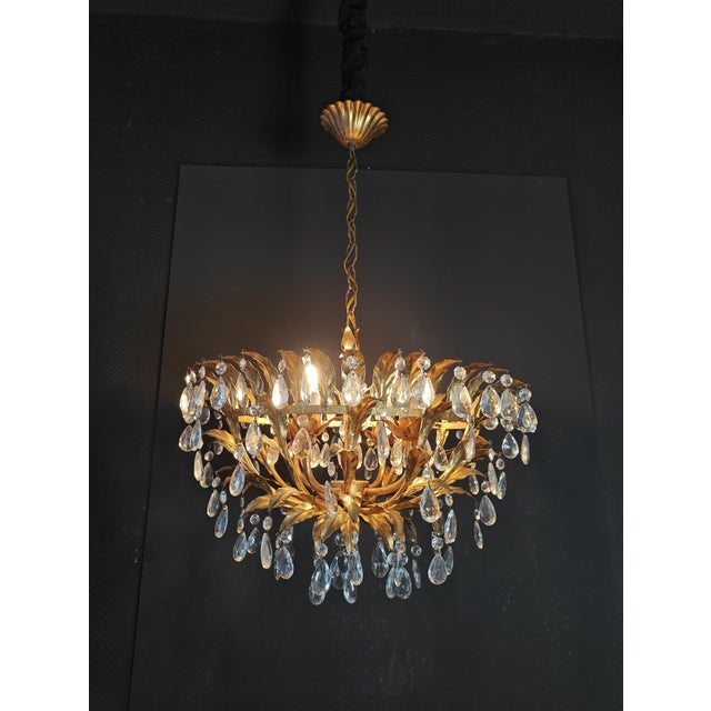 Vintage chandelier by Banci Firence, Italy, 1950s, gold-plated metal, crystal, marked "Made in Italy" Up to 250V...