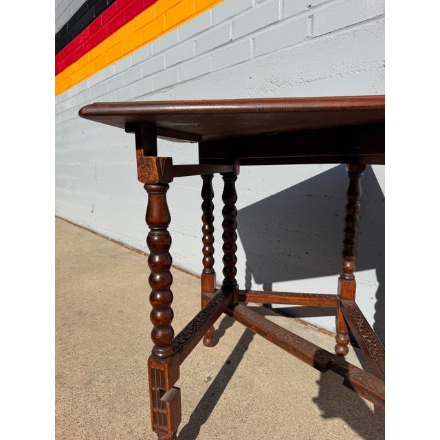 Antique English Carved Oak Folding Side Table – Bobbin Turned Legs For Sale - Image 4 of 7