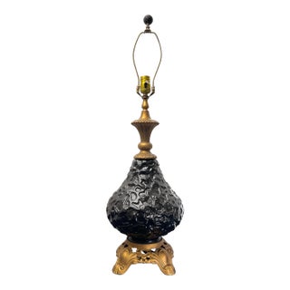 Mid 20th Century Hollywood Regency Black Textured Art Glass Gilt Metal Table Lamp For Sale