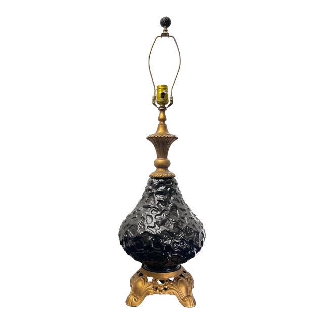 Mid 20th Century Hollywood Regency Black Textured Art Glass Gilt Metal Table Lamp For Sale