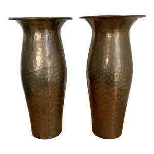 Mid 20th Century Hammered Brass Vases - a Pair