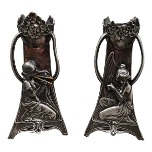 Mid 20th Century Wmf Germany Pair of Art Nouveau Silver Plated Girl With Harp Flute Vases