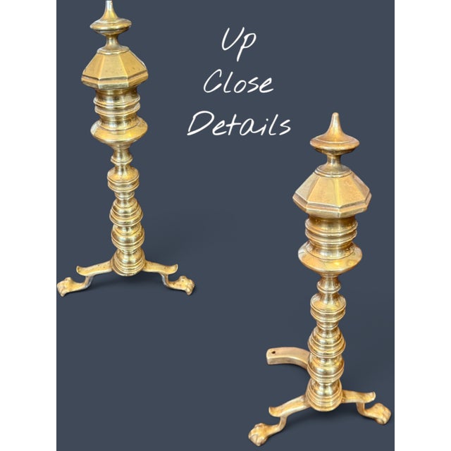 Late 19th Century Antique Brass Andirons Pair-Chippendale-Beehive-Claw Foot-Fireplace Dogs-Federal For Sale - Image 5 of 11