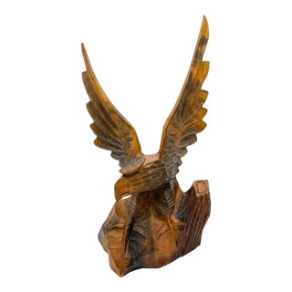 1978 Hand Carved Wooden Eagle Statue Perched on Stump Vintage Soviet Sakhalin Art For Sale