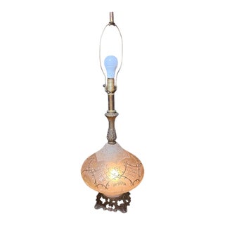 Vintage Hollywood Regency Gold Decorated Glass Table Lamp With Illuminated Globe and Marble Base For Sale