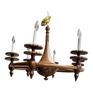 Early 20th Century European Carved Wood Wooden Walnut Spoke Chandelier Light Fixture For Sale