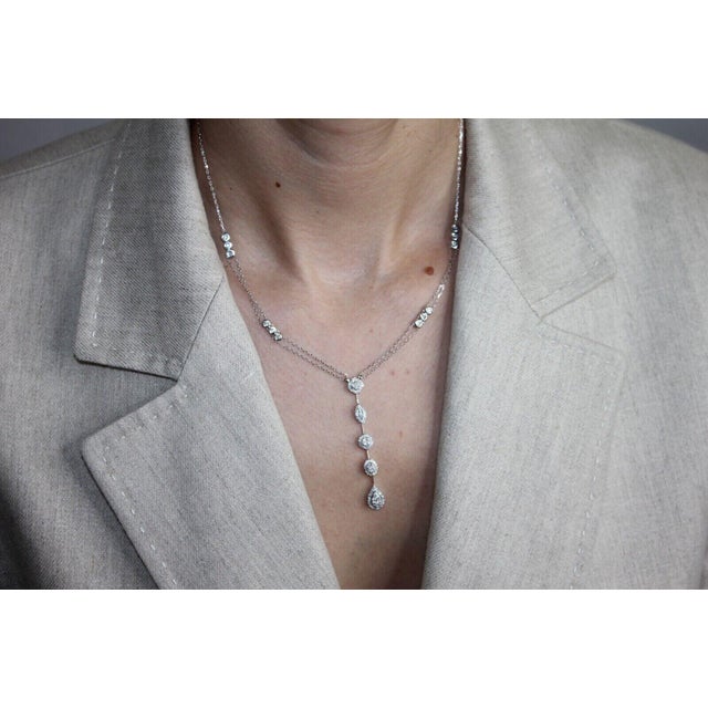 Multi Shape Halo Pave Diamond 18 Karat White Gold Pendant Drop Lariat Necklace For Sale - Image 9 of 9