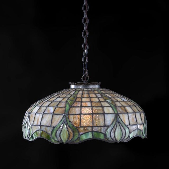 1910s Duffner & Kimberly Attr Arts & Crafts Leaded Stained Glass Hanging Light For Sale - Image 6 of 11