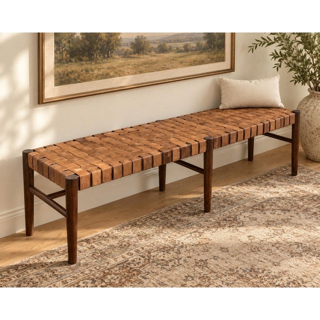 Pottery Barn Skylar Woven Leather Bench For Sale - Image 10 of 10
