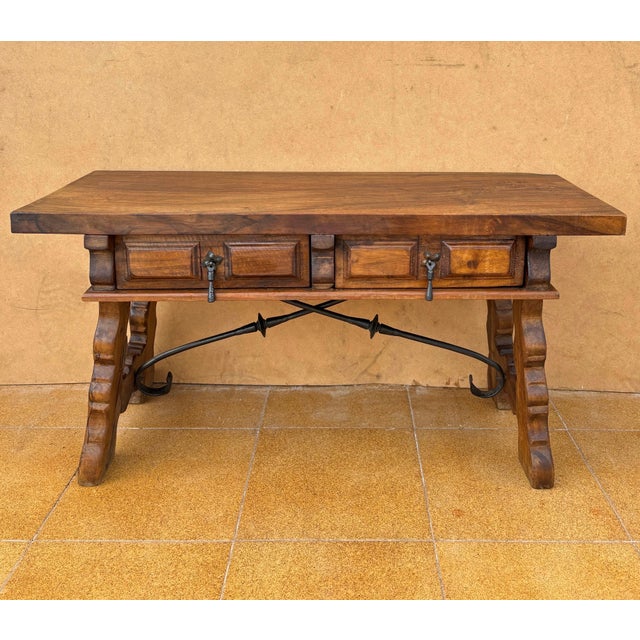Rustic 1930s Low Rustic Walnut Console Table with Two Drawers and Iron Stretcher For Sale - Image 3 of 9
