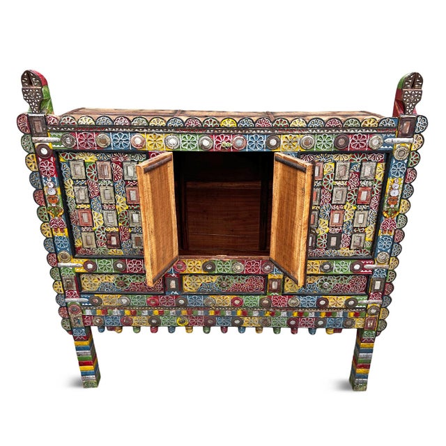 Authentic vintage colorful Damchiya storage chest from north India. Traditional details with colorful carved wood flowers,...