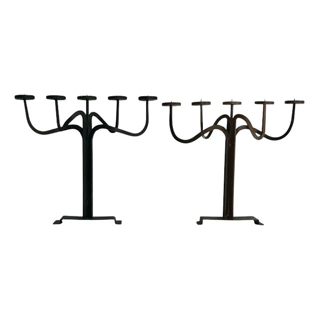 Pair Hand Crafted Brutalist Iron Candelabra With 5 Candle Holders For Sale