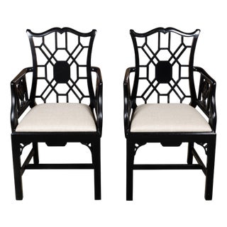 Pair of English Chinese Chippendale Style Black Lacquered Armchairs, circa 1950 For Sale