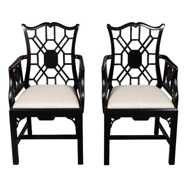 Pair of English Chinese Chippendale Style Black Lacquered Armchairs, circa 1950 For Sale