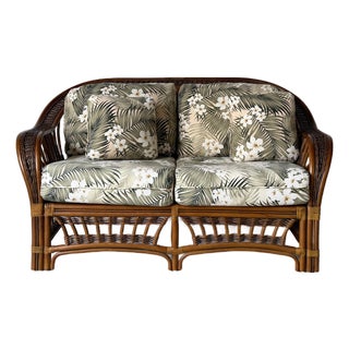 Vintage Coastal Organic Bohemian Rattan & Leather-Wrapped Loveseat For Sale