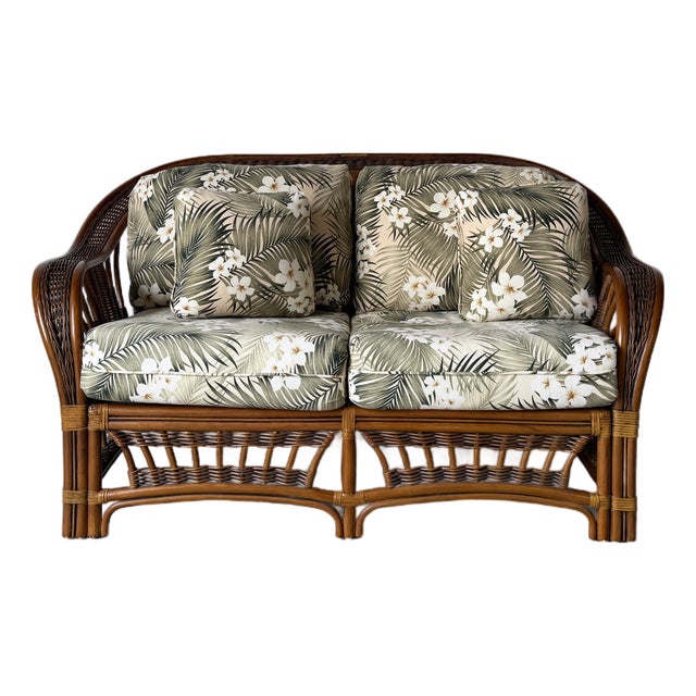 Vintage Coastal Organic Bohemian Rattan & Leather-Wrapped Loveseat For Sale