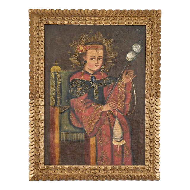Cuzco School Artist, Virgin Child Spinning, Oil on Canvas, Framed For Sale