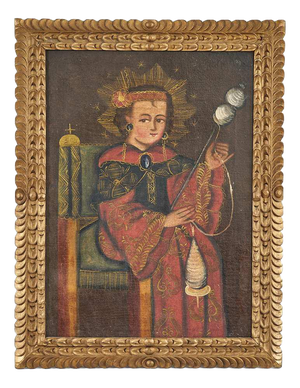 Cuzco School Artist, Virgin Child Spinning, Oil on Canvas, Framed
