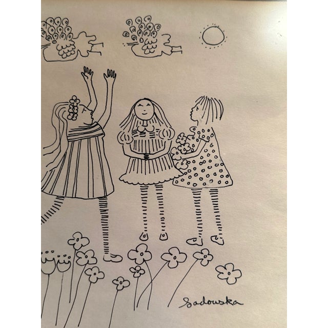 Paper Krystyna Sadowska, Mid Century Drawing of Girls With Flowers, Framed For Sale - Image 7 of 8