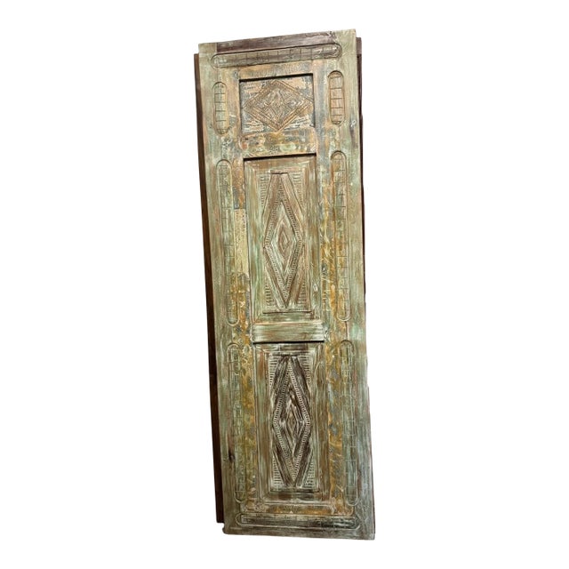 Antique Green Floral Carved Door | Handcrafted Indian Sliding Closet Barn Door 96x29.5 For Sale