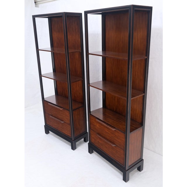 Pair 7.5' Tall Custom Mahogany Etageres Adjustable Shelves Dresser Drawers MINT! For Sale - Image 9 of 12