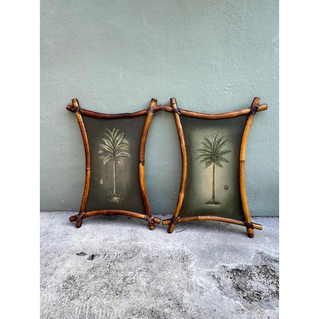 Late 20th Century Palm Tree Botanical Paintings, Bamboo Framed Pair — Coastal Tropical Wall Art For Sale - Image 10 of 12