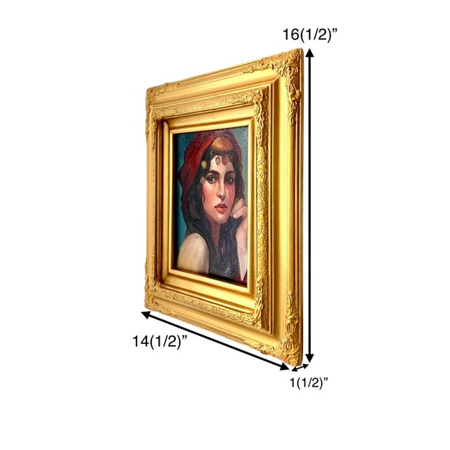 Original Oil Portrait Painting, Desert Princess in Ornate Gold Frame, 16.5"h For Sale - Image 4 of 4
