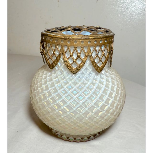 1920s Antique Hand Blown Bohemian Loetz Bronze Mounted White Glass Potpourri Jar Vase For Sale - Image 5 of 10