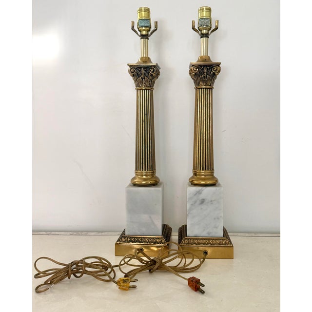 Metal Mid 20th Century Italian White Marble and Carved Brass Neoclassical Column Lamps, a Pair For Sale - Image 7 of 11