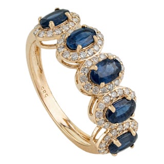 Modern Deep Blue Sapphire & Diamond Halo Half Eternity Ring Size 5.5 in 14k Gold For Sale