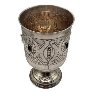 Large Mexican Spanish Colonial Revival Alpaca Silver Wine Bucket & Green Onyx For Sale